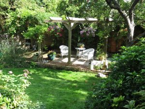 Shaded seating area in sunny garden
